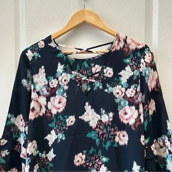 DR2 Blouse Sheer Ruffle Sleeve Bohemian Dark Floral Flowy Blue Size Small - Picture 7 of 14